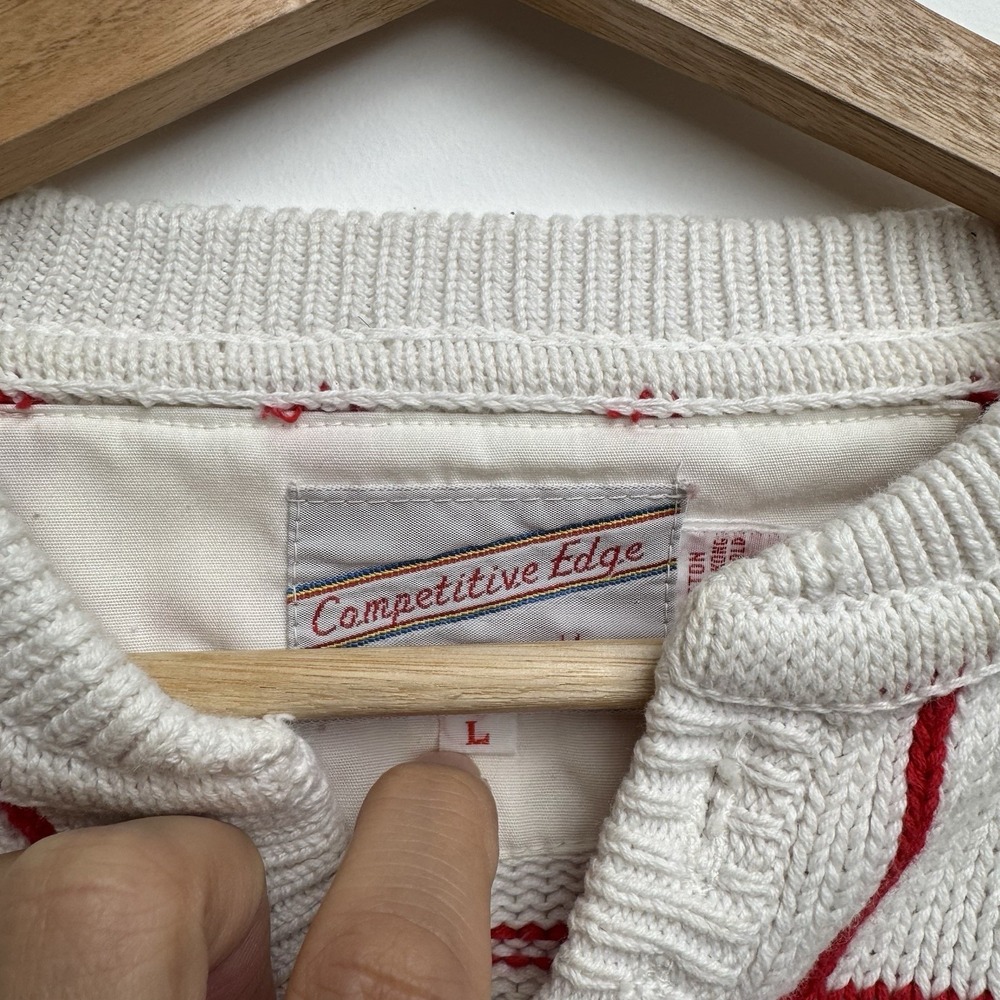 VTG Competitive Edge Neiman Marcus Large Knit Sweater Henley Cotton White Grid - Picture 3 of 13
